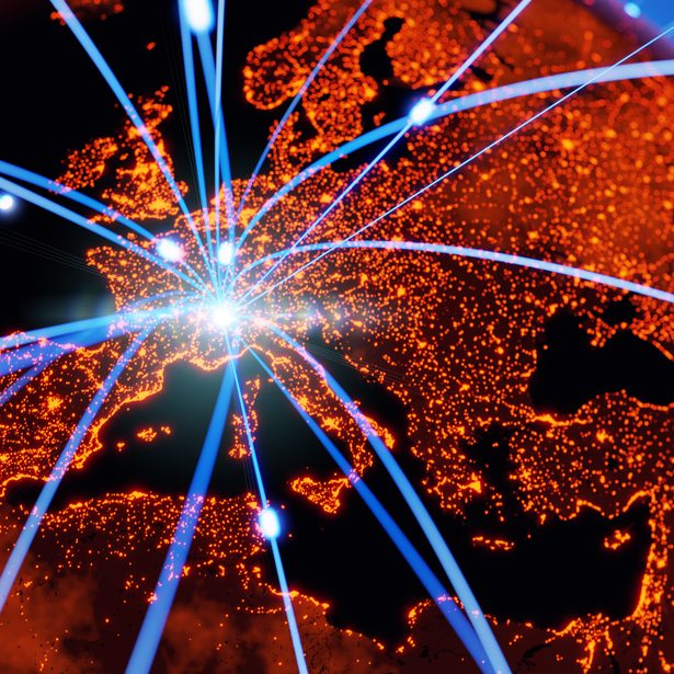 Globalisierungs- und Kommunikationskonzept. Erde und Leuchtstrahlen. 3D-Rendering - Stock-Fotografie
