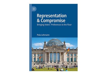 Das Bild zeigt das Buchcover: Pola Lehmann: Representation & Compromise in blau, unter dem Titel wird der Bundesatg und einen Teil der Wiese davor gezeigt.