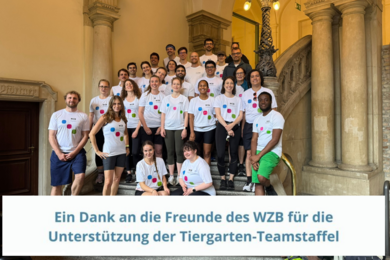 Das Bild zeigt die diesjährigen Läufer und Läuferinnen der Tiergarten Staffel auf der Treppe des WZBs. Am unteren Rand des Bildes ist ein Banner mit dem Schriftzug "Ein Dank an die Freunde des WZB für die Unterstützung der Tiergarten-Teamstaffel.